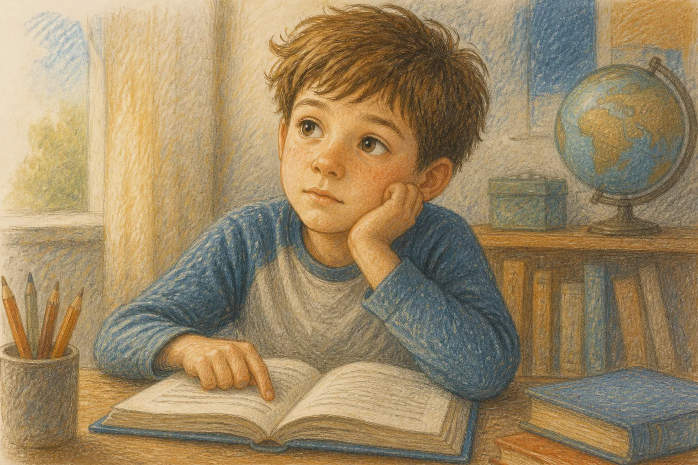 Мальчик за столом с книгой, подперев голову рукой