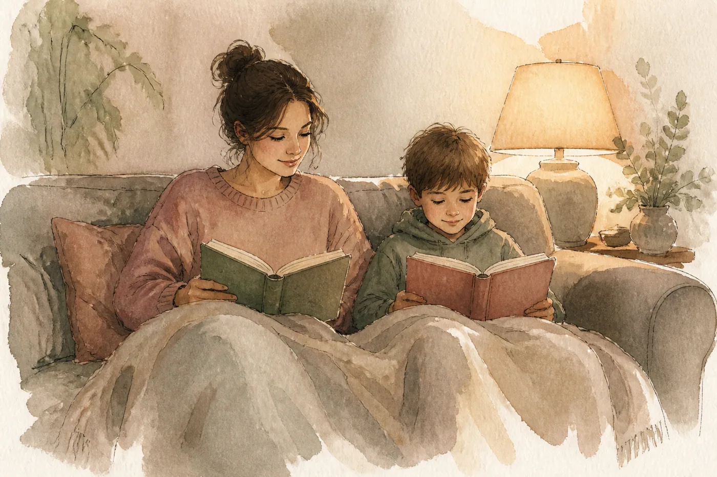 Мама и сын читают рядом на диване, каждый свою книгу