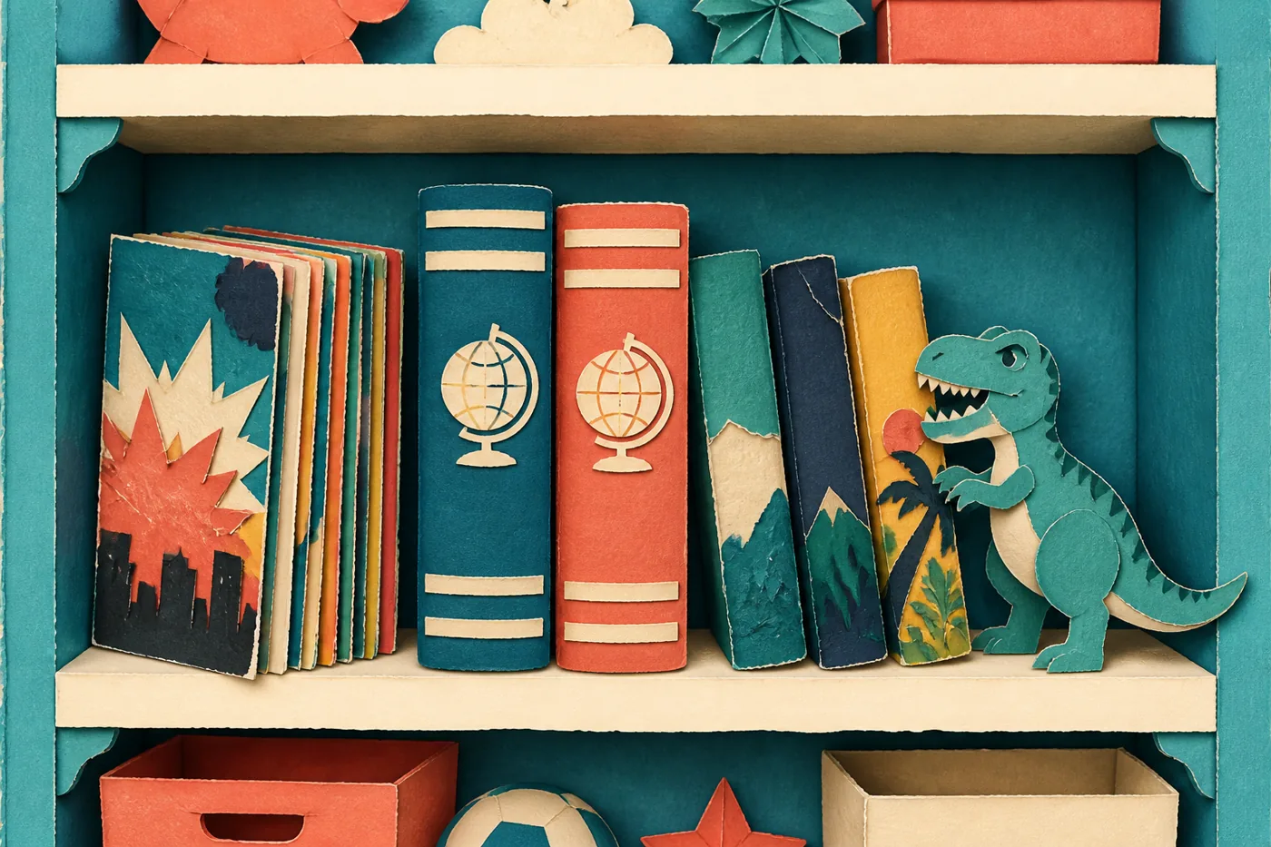 Детская книжная полка с комиксами и энциклопедиями