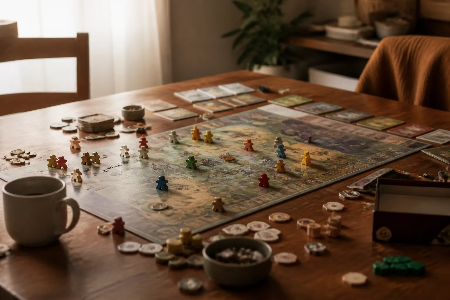 Настольная игра, рассыпанные фишки на столе после эмоциональной игры